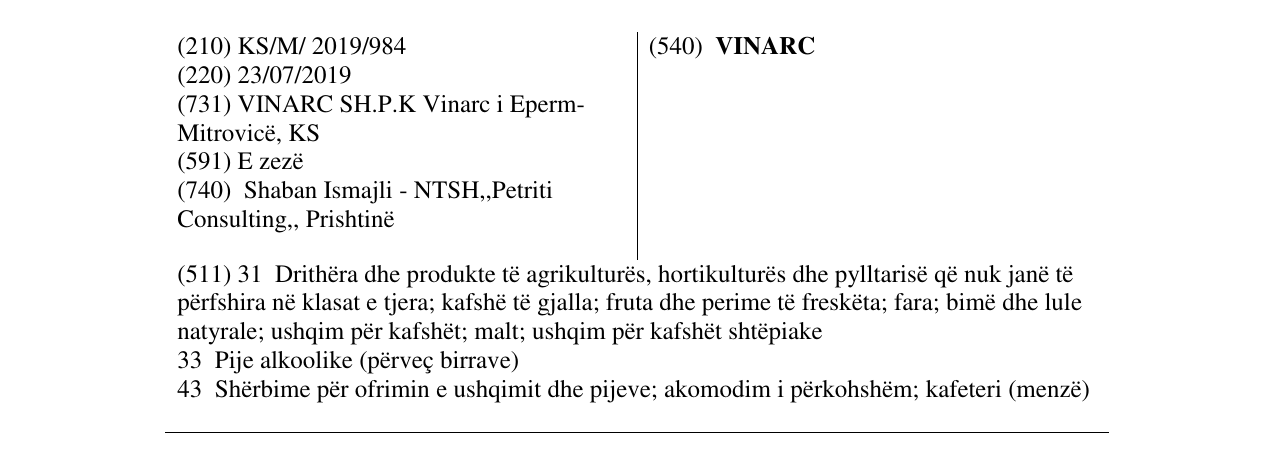 Zëri i markës VINARC në buletin