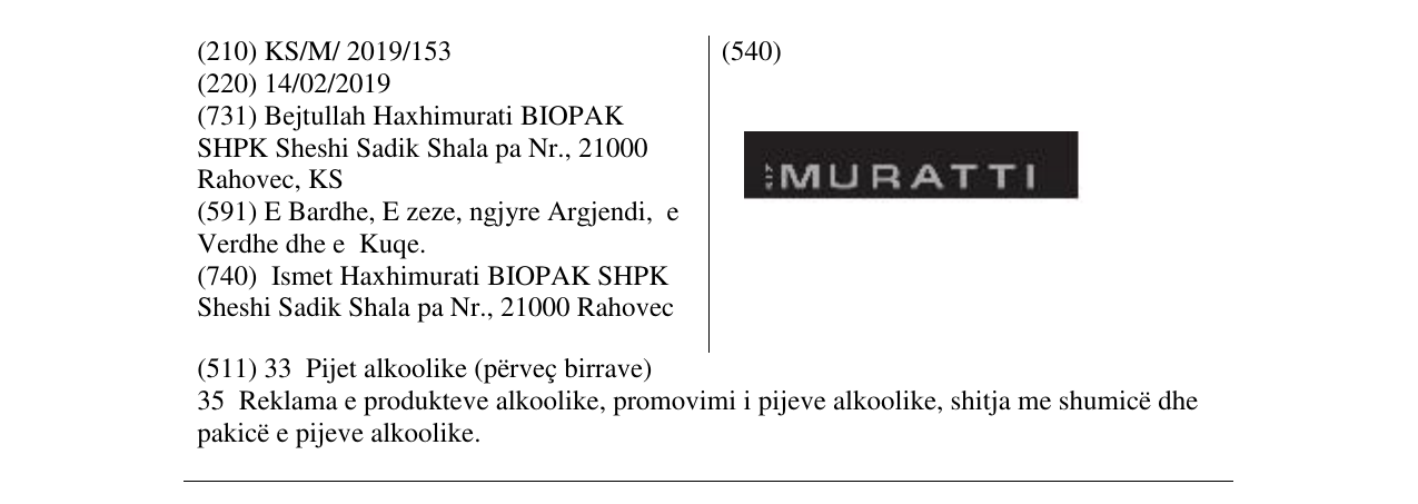 Zëri i markës MURATTI në buletin
