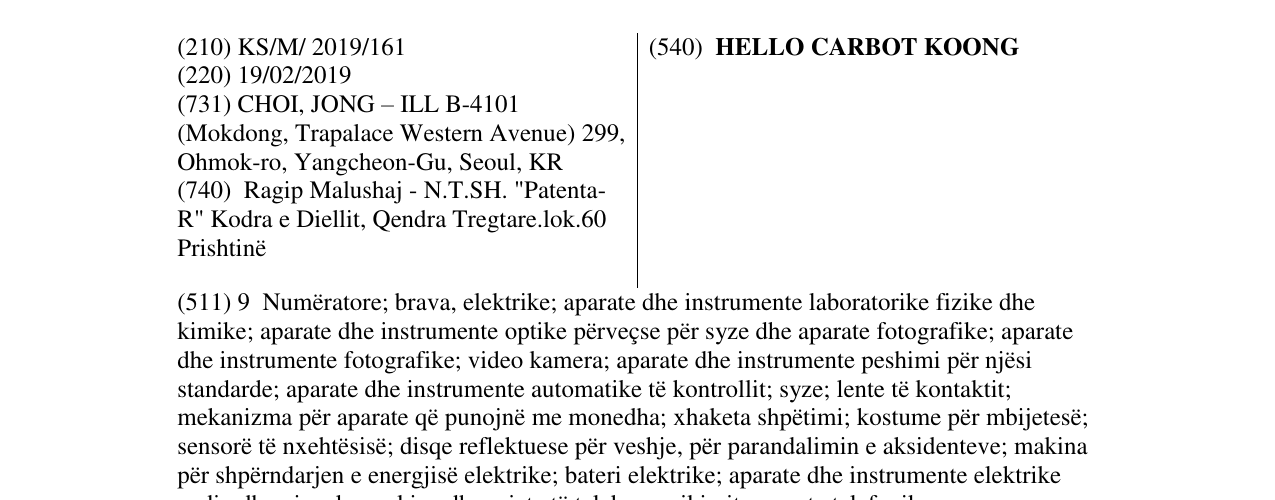 Zëri i markës HELLO CARBOT KOONG në buletin