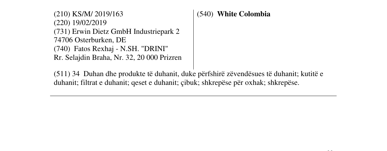 Zëri i markës White Colombia në buletin