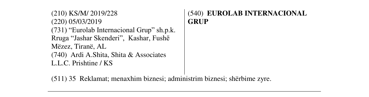 Zëri i markës EUROLAB INTERNACIONAL GRUP në buletin
