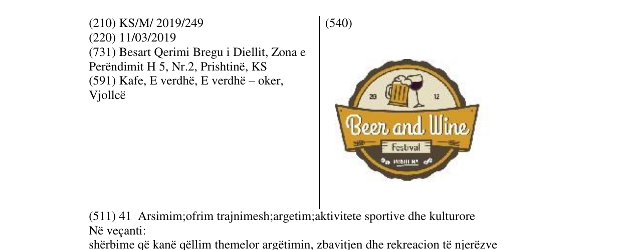 Zëri i markës Beer and Wine në buletin