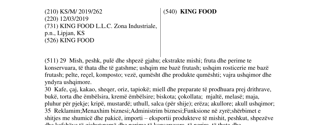 Zëri i markës KING FOOD në buletin