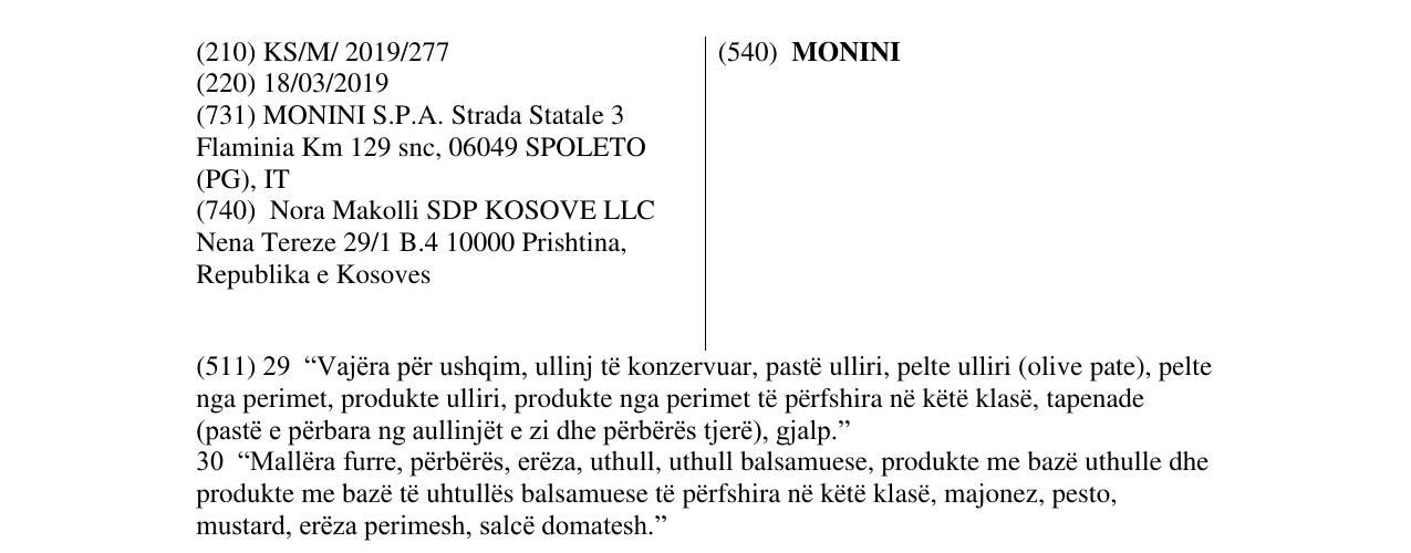 Zëri i markës MONINI në buletin