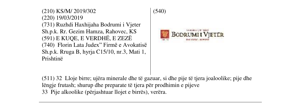 Der Eintrag der Marke BODRUMI I VJETER im Bulletin