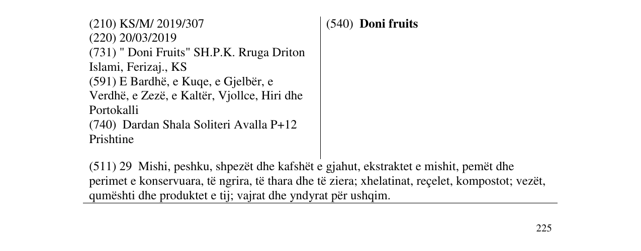 Zëri i markës Doni fruits në buletin