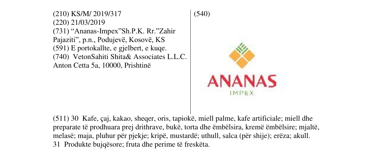 Zëri i markës ANANAS IMPEX në buletin