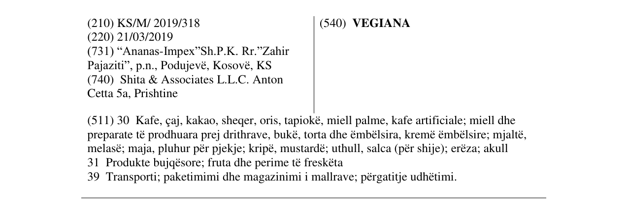 Zëri i markës VEGIANA në buletin