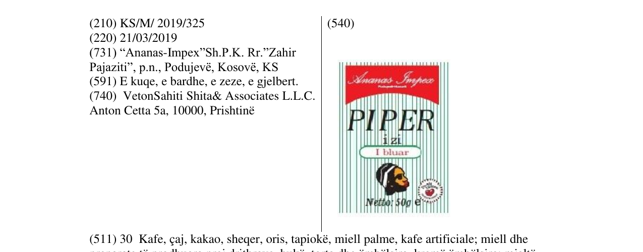 Zëri i markës PIPER i zi I bluar në buletin