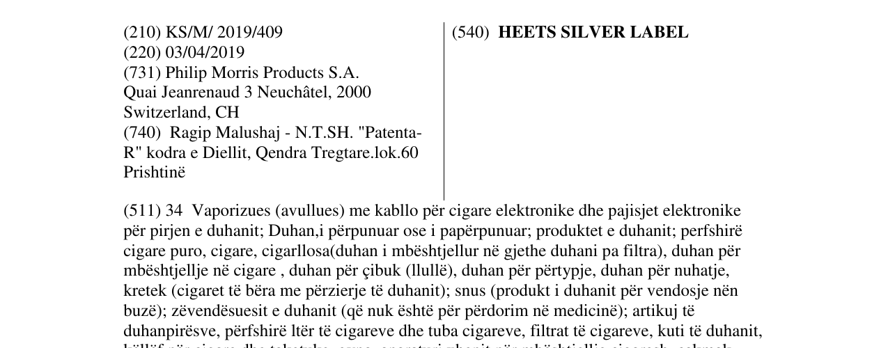 Zëri i markës HEETS SILVER LABEL në buletin