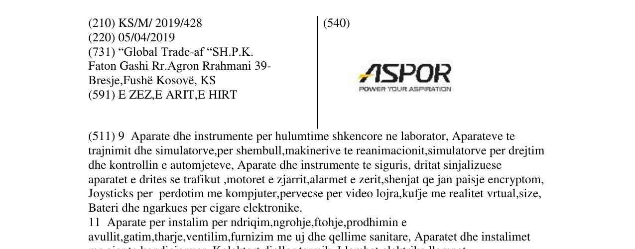Zëri i markës ASPOR POWER YOUR AASPIRATION në buletin