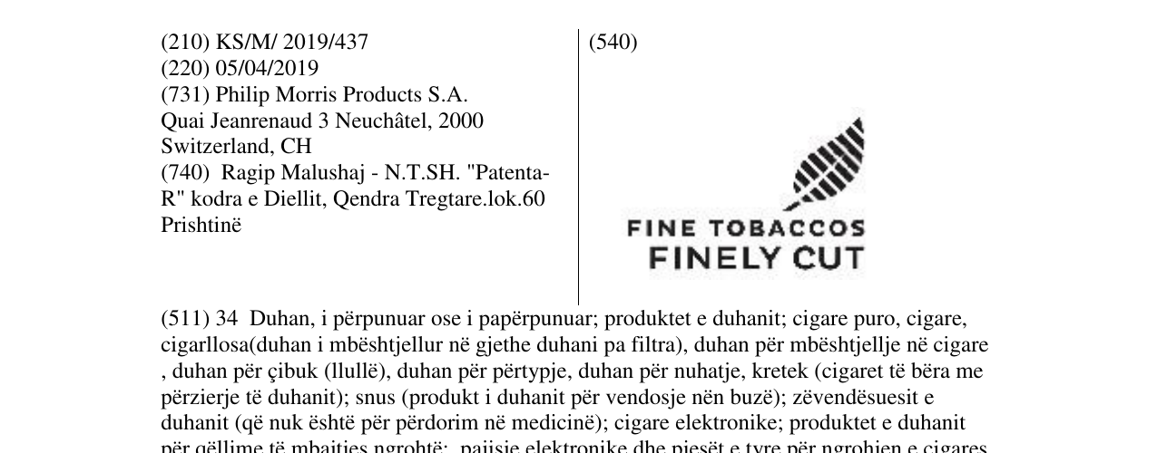 Zëri i markës FINE TOBACCOS FINELY CUT në buletin