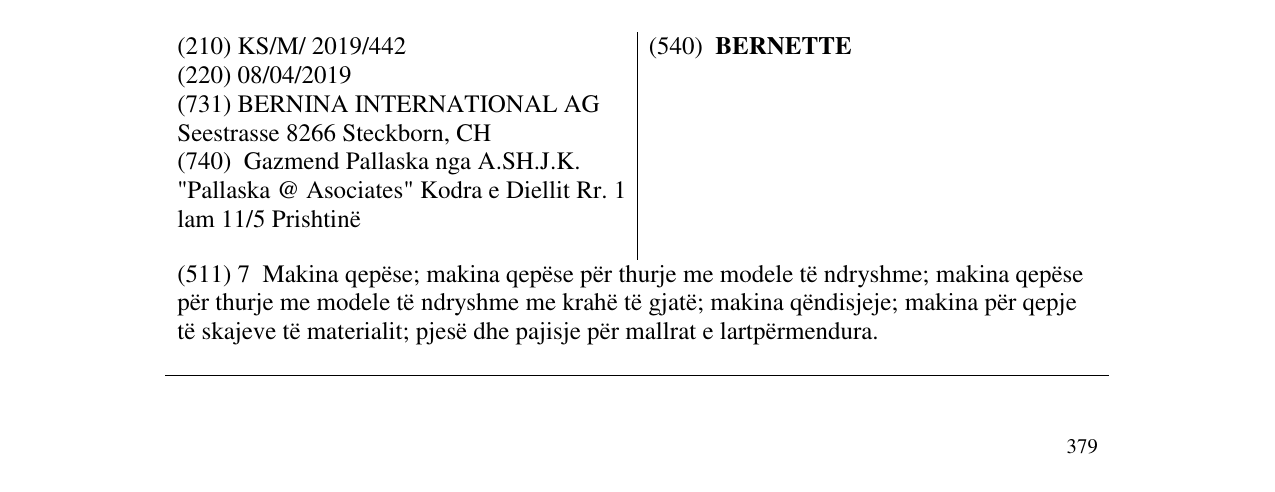 Zëri i markës BERNETTE në buletin