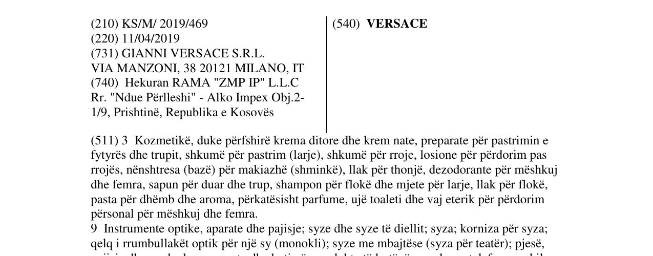 Zëri i markës VERSACE në buletin