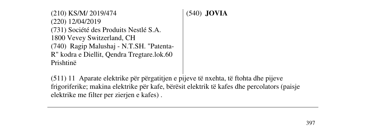Zëri i markës JOVIA në buletin