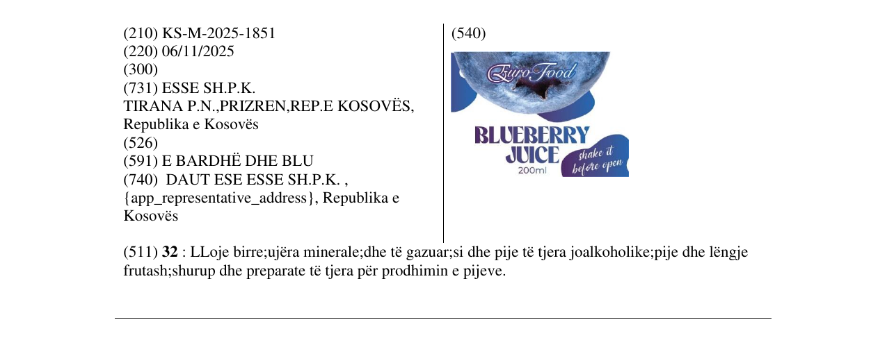 Zëri i markës BLUEBERRY JUICE në buletin