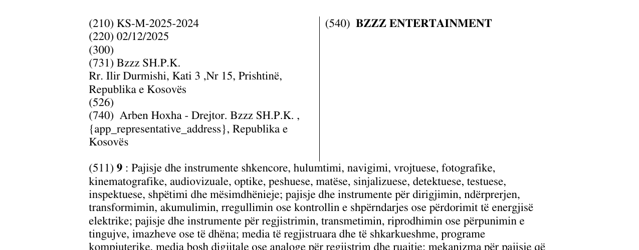 Zëri i markës BZZZ ENTERTAINMENT në buletin