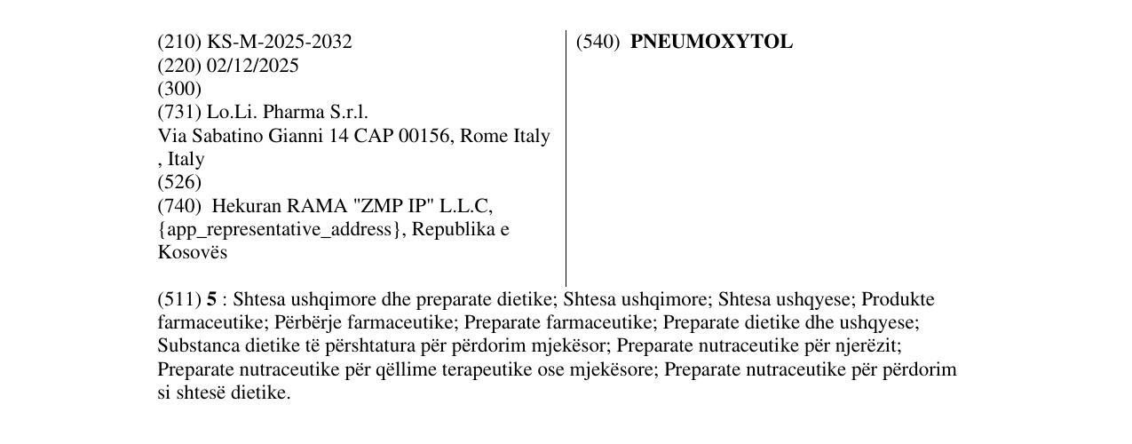 Zëri i markës PNEUMOXYTOL në buletin