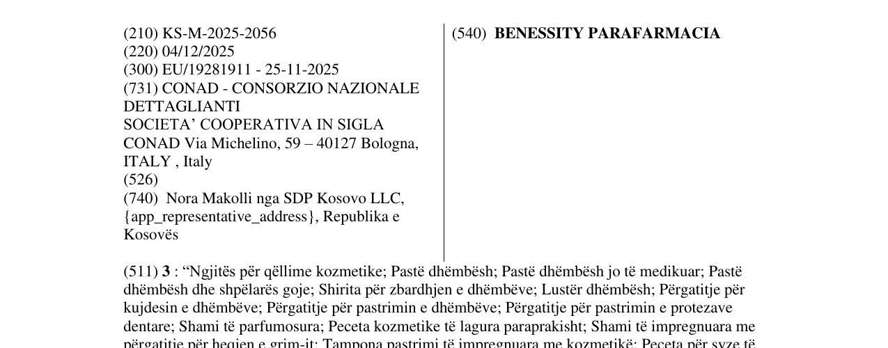 Zëri i markës BENESSITY PARAFARMACIA në buletin