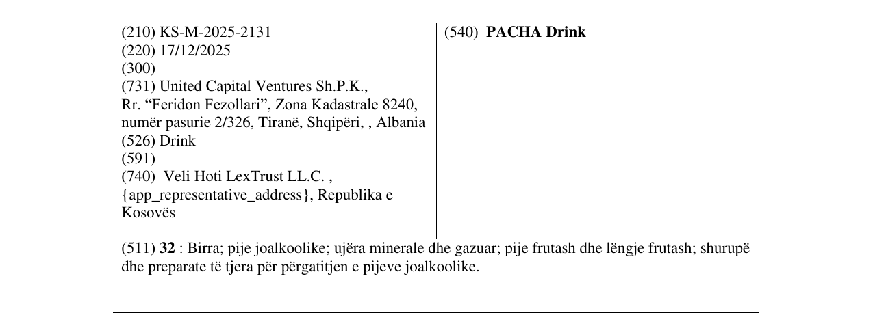 Zëri i markës PACHA Drink në buletin