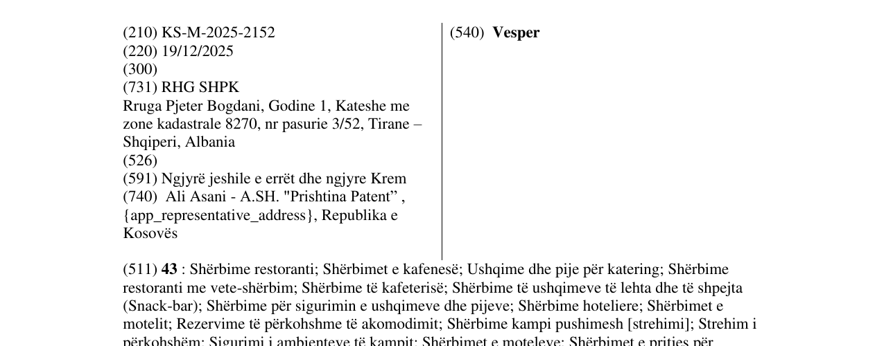 Zëri i markës Vesper në buletin
