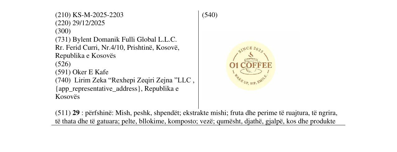 Zëri i markës 01 COFFEE në buletin