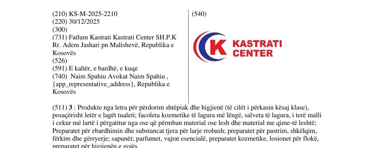Zëri i markës KASTRATI CENTER në buletin