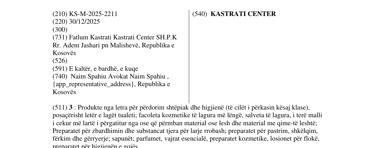 Zëri i markës KASTRATI CENTER në buletin