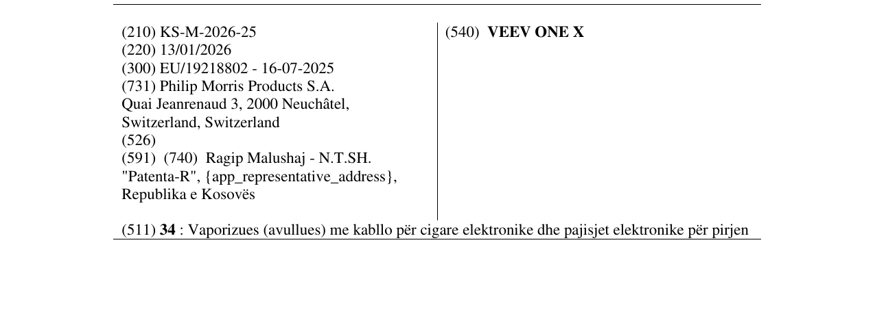 Zëri i markës VEEV ONE X në buletin