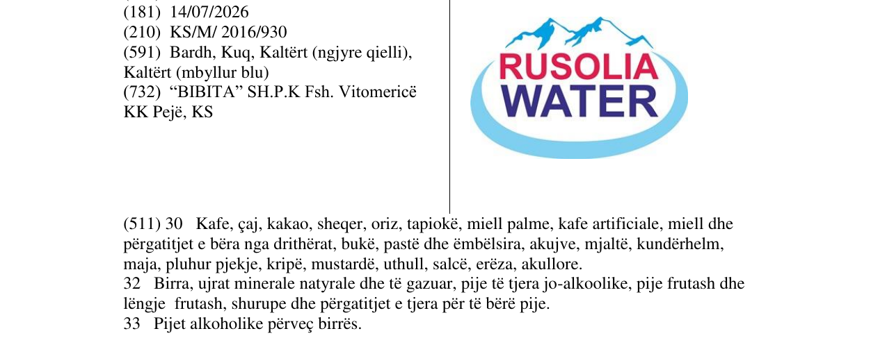 Zëri i markës RUSOLIA WATER në buletin