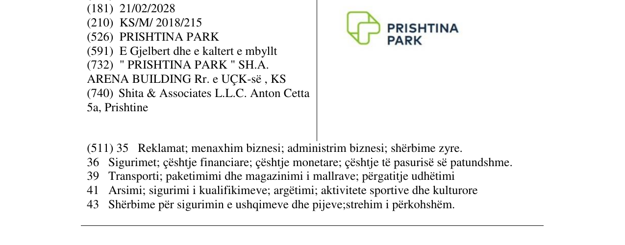 Zëri i markës PRISHTINA PARK në buletin