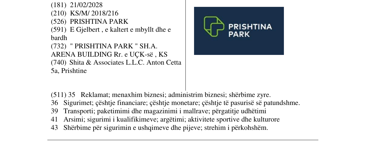 Zëri i markës PRISHTINA PARK në buletin