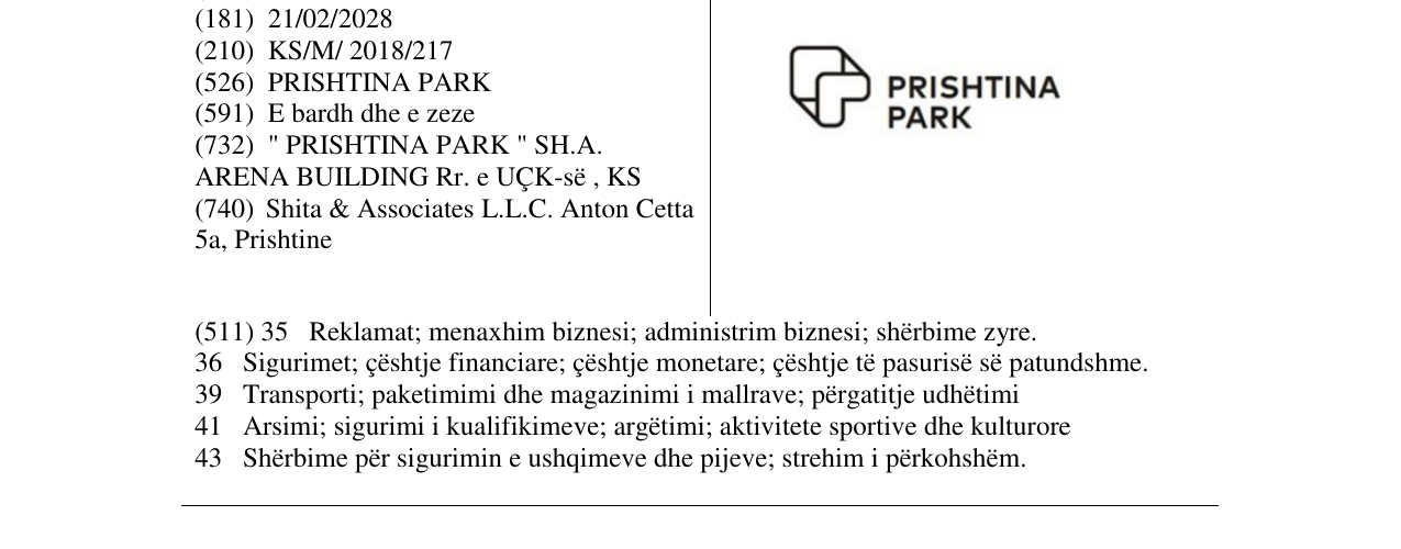 Zëri i markës PRISHTINA PARK në buletin