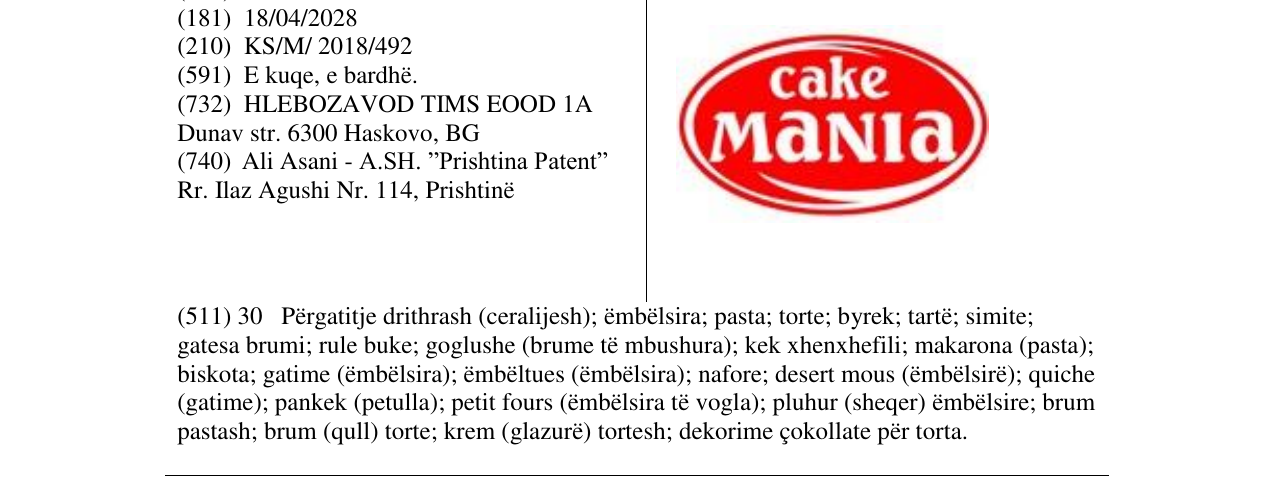 Zëri i markës cake MANIa në buletin