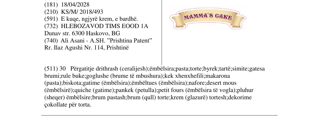 Zëri i markës MAMMA'S CAKE në buletin