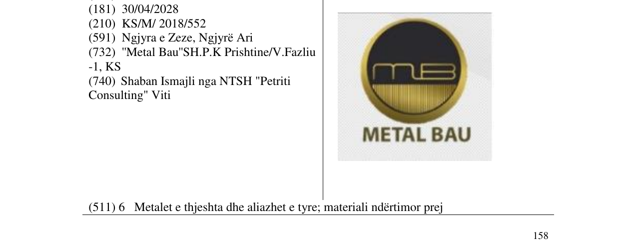 The entry of the trademark METAL BAU in the bulletin