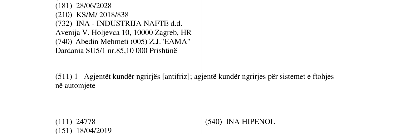 Zëri i markës INA ANTIFRIZ në buletin
