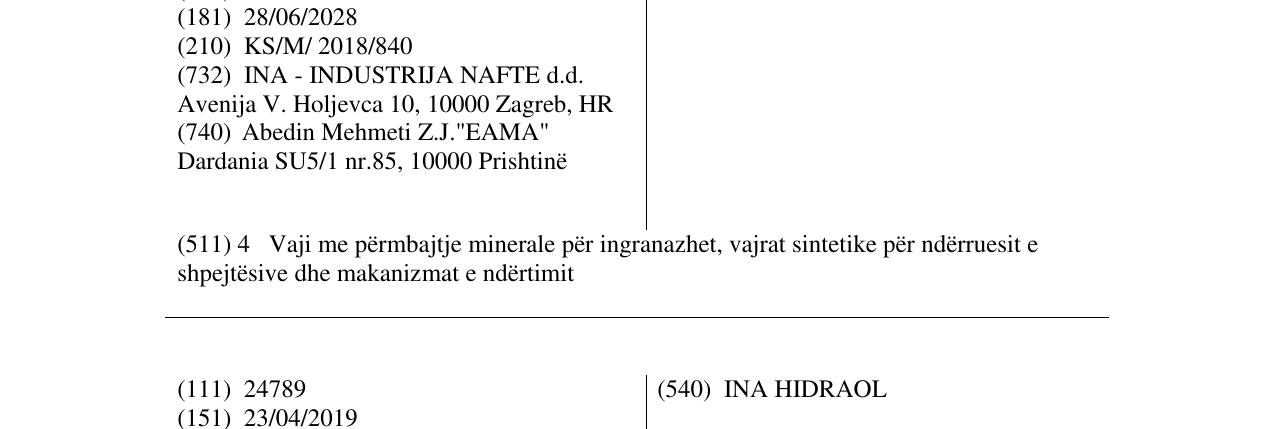 Zëri i markës INA HIPENOL në buletin