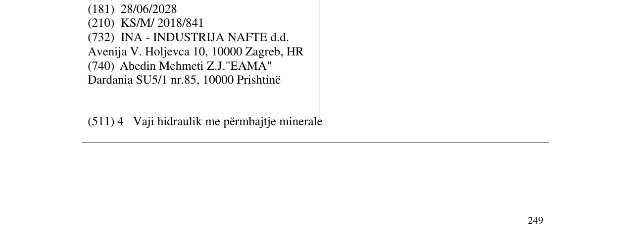 Zëri i markës INA HIDRAOL në buletin