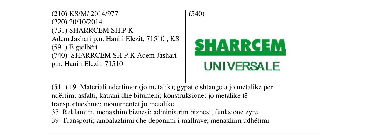 Zëri i markës SHARRCEM UNIVERSAL në buletin