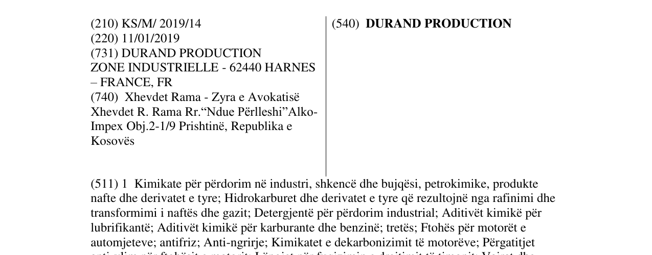 Zëri i markës DURAND PRODUCTION në buletin