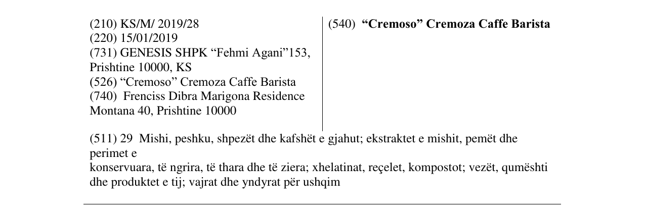 Zëri i markës “Cremoso” Cremoza Caffe Barista në buletin