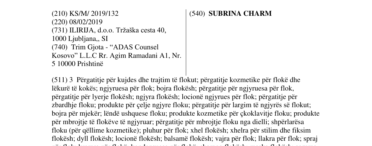 Zëri i markës SUBRINA CHARM në buletin
