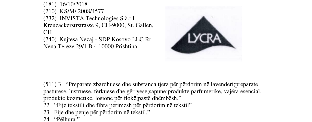 Zëri i markës LYCRA në buletin