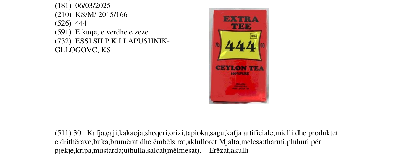 Zëri i markës EXTRA TEE 444 CYLON TEA në buletin