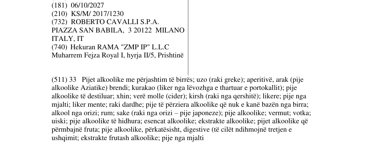 Zëri i markës CAVALLI në buletin