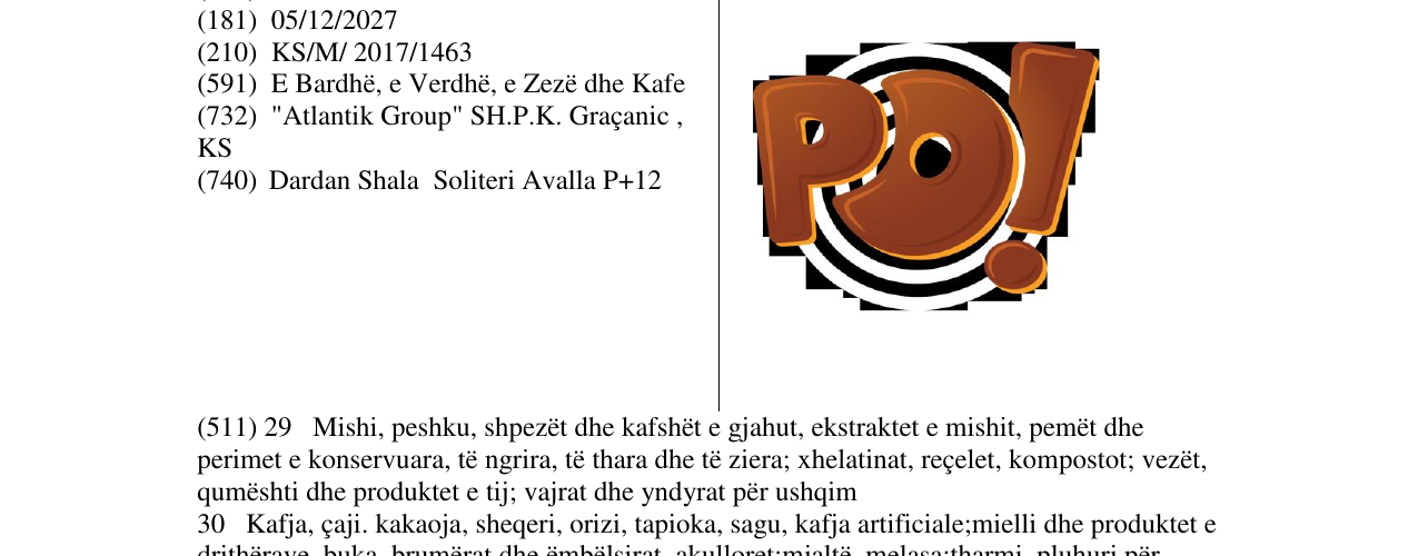 The entry of the trademark PO! in the bulletin