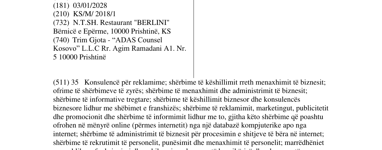 Zëri i markës RESTAURANT BERLINI në buletin