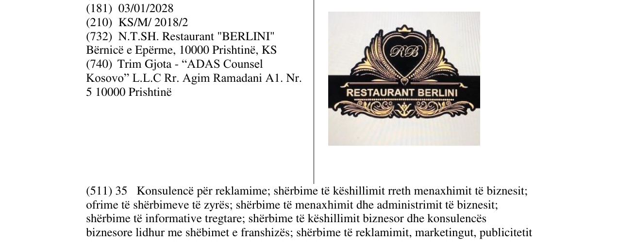 Zëri i markës RESTAURANT BERLINI në buletin