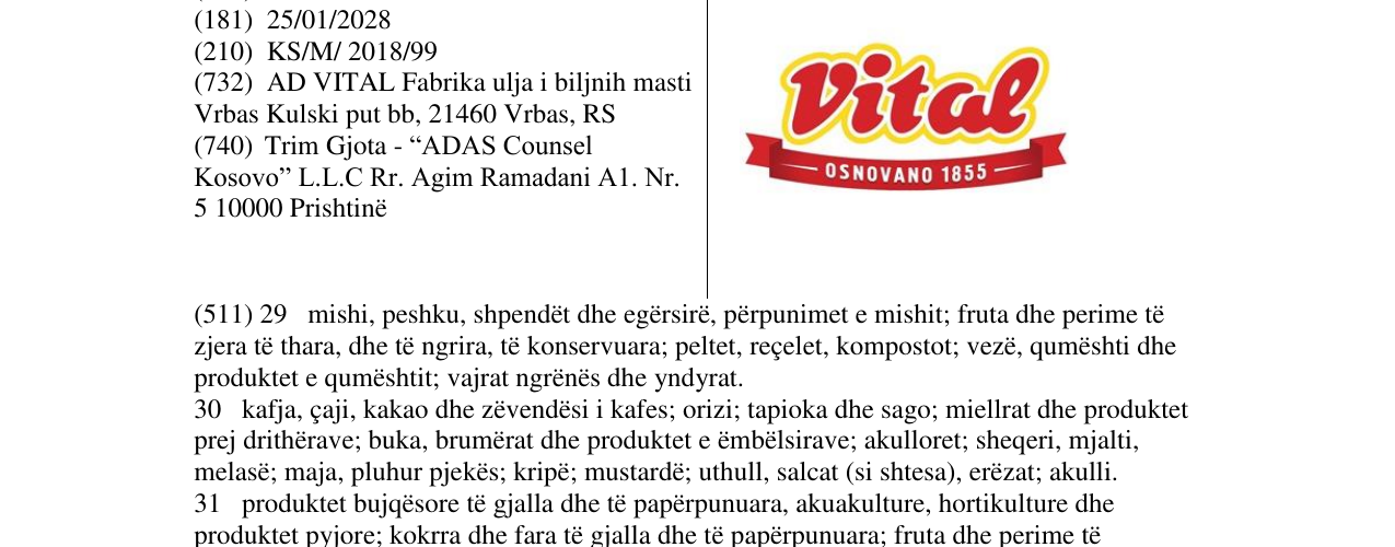 Zëri i markës Vital osnovano 1855 në buletin